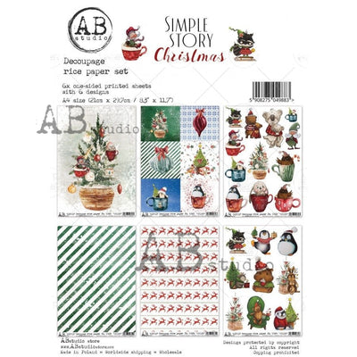 Simple Story Christmas A4 Decoupage Rice Paper Set of 6 Papers by AB Studio
