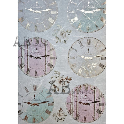 Six Clock Medallions Gilded Decoupage Rice Paper A4 Item No. 0056 by AB Studio