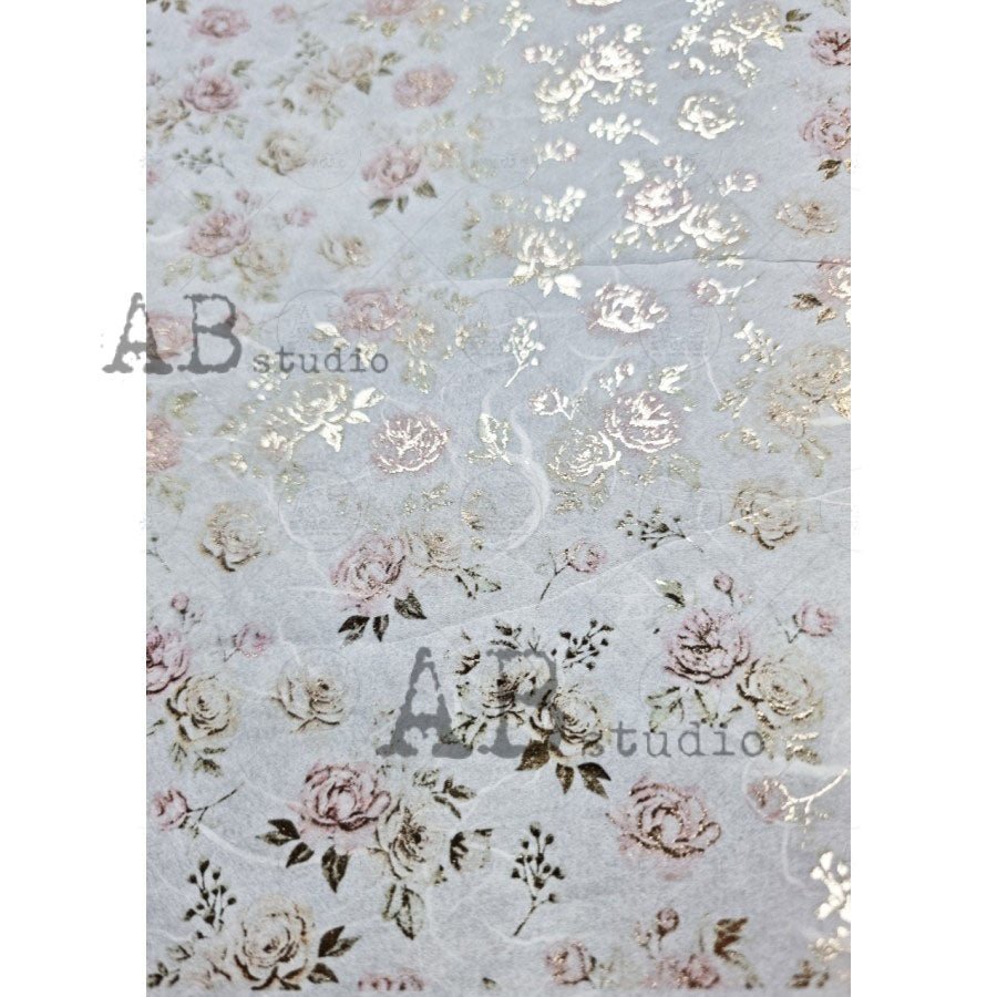 Small Ivory and Pink Cabbage Roses Gilded Decoupage Rice Paper A4 Item ...