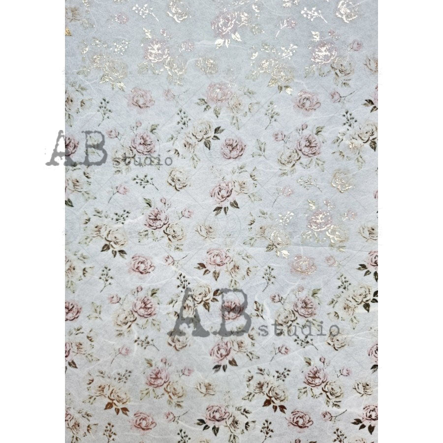 Small Ivory and Pink Cabbage Roses Gilded Decoupage Rice Paper A4 Item ...