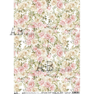 Small Ivory and Pink Peonies in Bloom Decoupage Rice Paper A3 Item No. 3224 by AB Studio