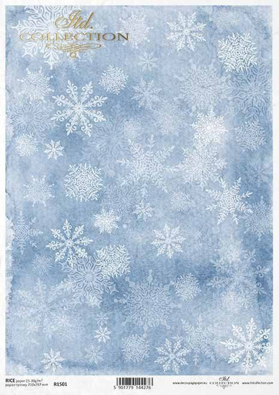 Snowflakes with Watercolor Blue Background Decoupage Rice Paper A4 Item R1501 by ITD Collection