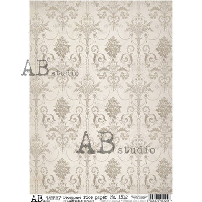 Soft Greige Floral Wallpaper Damask Decoupage Rice Paper A4 Item No. 1312 by AB Studio
