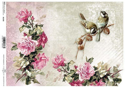 Sparrows and Roses Decoupage Rice Paper A4 Item R1318 by ITD Collection