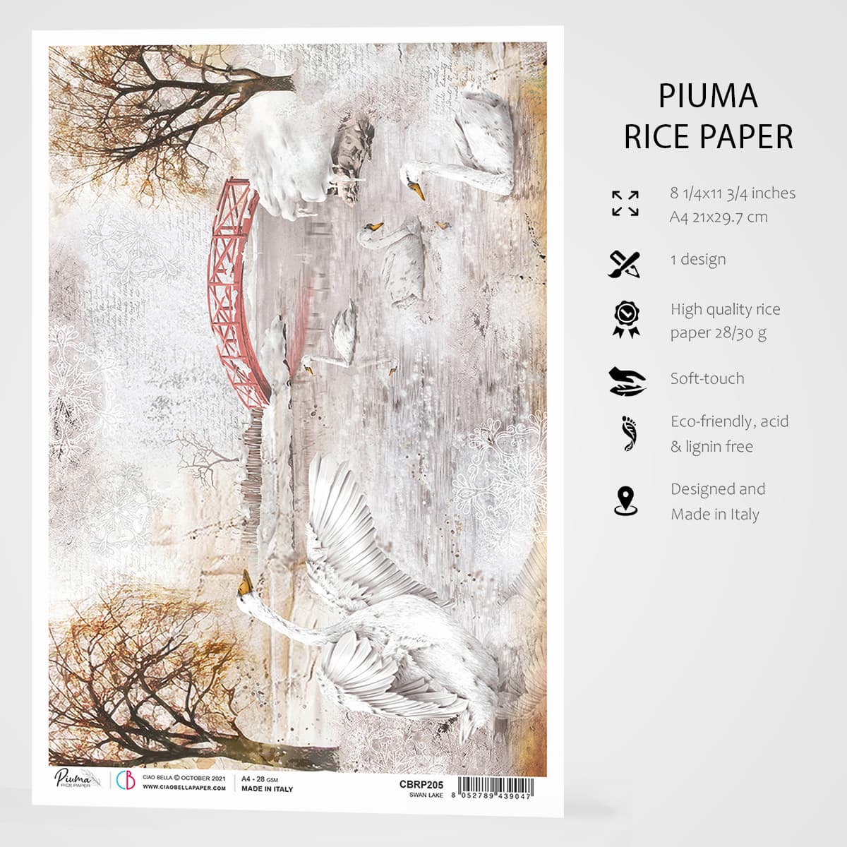 Pink Swan Rice Paper Swan Lake - A4 Rice Paper Memories of a Snowy Day Ciao Bella Collectio ...