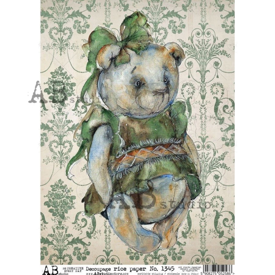 Teddy Bear in Green Dress and Damask Wallpaper Decoupage Rice Paper A4 Item No. 1345 by AB Studio Teddy Bear in Green Dress and Damask Wallpaper Decoupage Rice Paper A4 Item No. 1345 by AB Studio