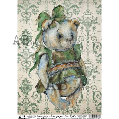 Teddy Bear in Green Dress and Damask Wallpaper Decoupage Rice Paper A4 Item No. 1345 by AB Studio