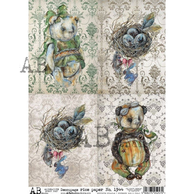Teddy Bears and Bird Nests with Eggs Cards Decoupage Rice Paper A4 Item No. 1344 by AB Studio