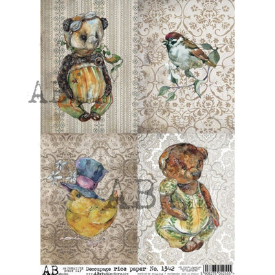 Teddy Bears and Birds Cards Decoupage Rice Paper A4 Item No. 1342 by AB Studio