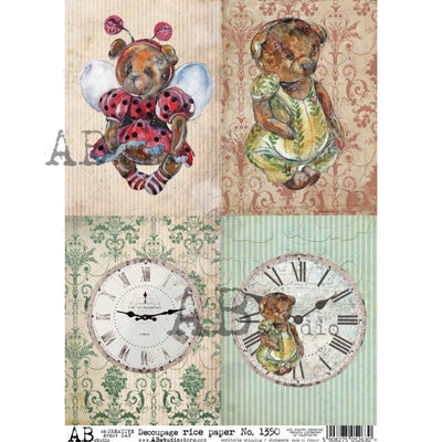 Teddy Bears and Clock Cards Decoupage Rice Paper A4 Item No. 1350 by AB Studio
