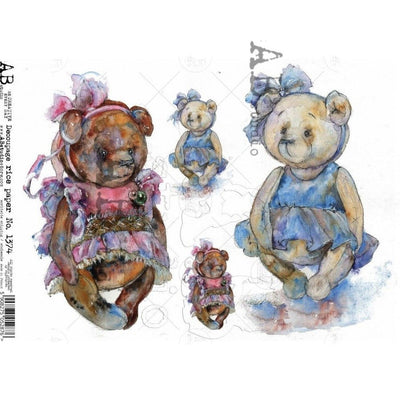 Teddy Bears in Dresses Decoupage Rice Paper A4 Item No. 1374 by AB Studio