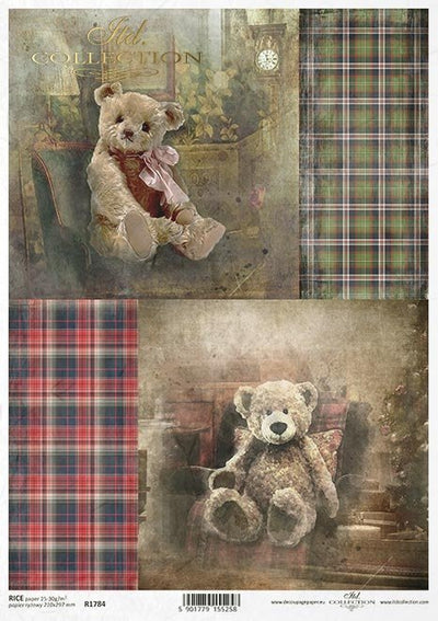 Teddy Bears with Red and Green Tartan Cards Decoupage Rice Paper A4 Item R1784 by ITD Collection