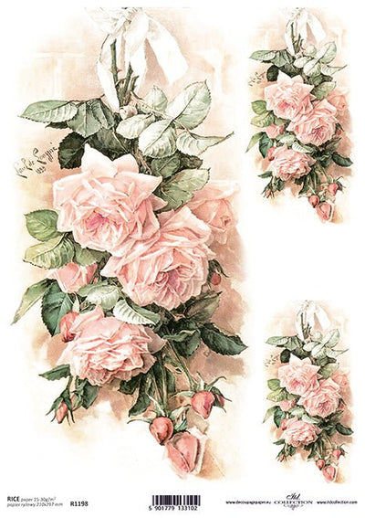 Three Pink Rose Labels Decoupage Rice Paper A4 Item R1198 by ITD Collection