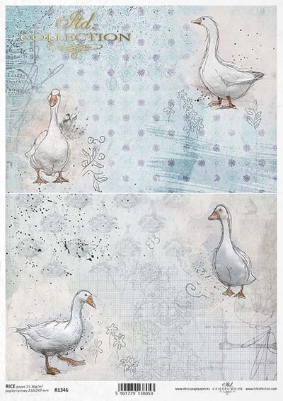Two Goose Watercolor Cards Decoupage Rice Paper A4 Item R1346 by ITD Collection