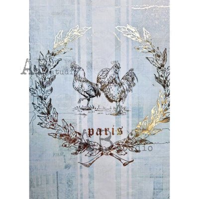 Two Roosters Farmhouse Paris Gilded Decoupage Rice Paper A4 Item No. 0081 by AB Studio