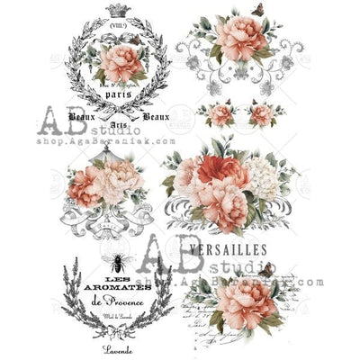 Versailles Pink Peonies Medallions Decoupage Rice Paper A4 Item No. 0676 by AB Studio