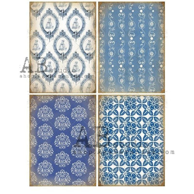 Vintage Blue Patterned Labels Decoupage Rice Paper A4 Item No. 0490 by AB Studio