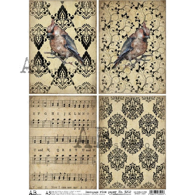 Vintage Damask Background with Musical Notes and Birds Cards Decoupage Rice Paper A3 Item No. 3202 by AB Studio