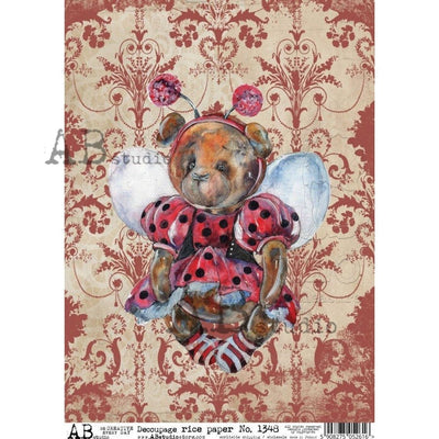 Vintage Lady Bug Teddy Bear Decoupage Rice Paper A4 Item No. 1348 by AB Studio
