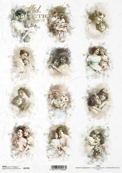 Vintage Mother and Daughter Photo Medallions Decoupage Rice Paper A4 Item R1770 by ITD Collection