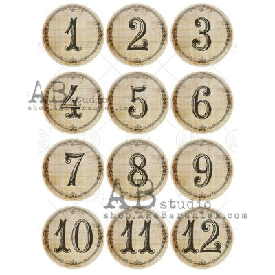 Vintage Numbers 1 to 12 Medallions Decoupage Rice Paper A4 Item No. 0397 by AB Studio