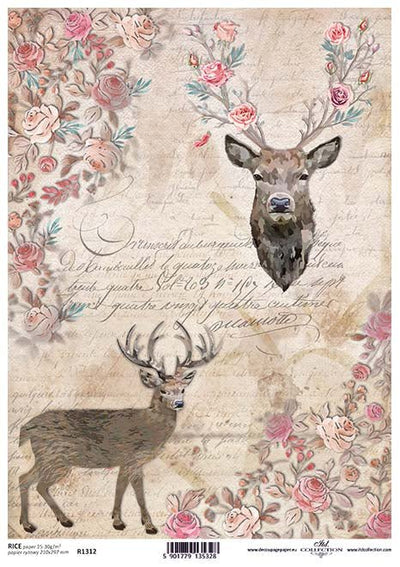 Vintage Script with Flowers and Deer Decoupage Rice Paper A4 Item R1312 by ITD Collection