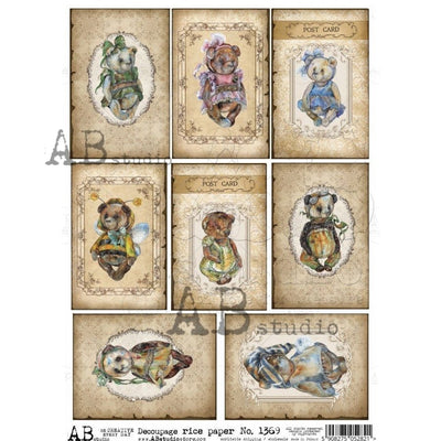 Vintage Teddy Bear Cards Decoupage Rice Paper A4 Item No. 1369 by AB Studio