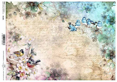 Vintage Text with Blue Birds on a Tree Branch Decoupage Rice Paper A4 Item R1386 by ITD Collection