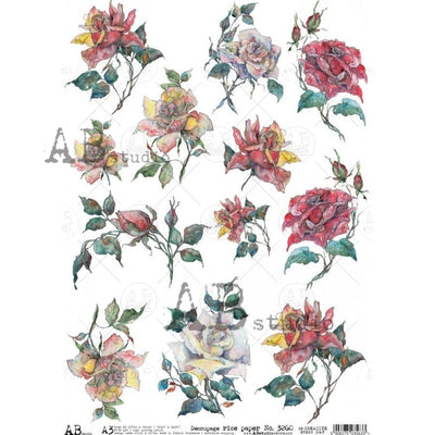 Watercolor Blooming Roses Decoupage Rice Paper A3 Item No. 3260 by AB Studio