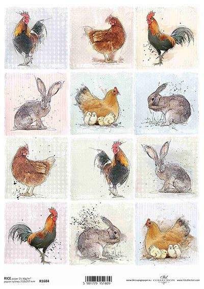 Watercolor Chickens and Rabbits Cards Decoupage Rice Paper A4 Item R1684 by ITD Collection