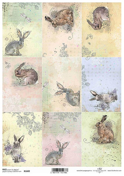 Watercolor Rabbit Cards Decoupage Rice Paper A4 Item R1682 by ITD Collection