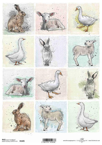 Watercolor Rabbits, Lambs and Duck Cards Decoupage Rice Paper A4 Item R1685 by ITD Collection