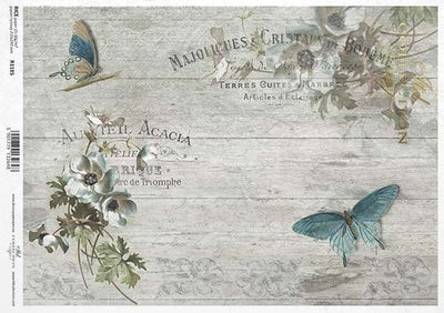 Weathered Wood with Flowers and Butterflies Decoupage Rice Paper A4 Item R1185 by ITD Collection