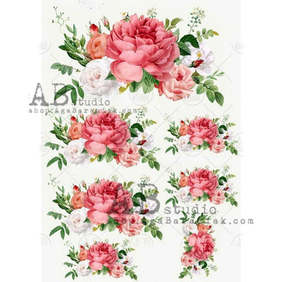 White and Pink Peonies Decoupage Rice Paper A4 Item No. 0334 by AB Studio