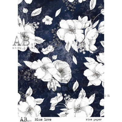 White Flowers on Dark Blue Background Decoupage Rice Paper A4 Item No. 0042 by AB Studio