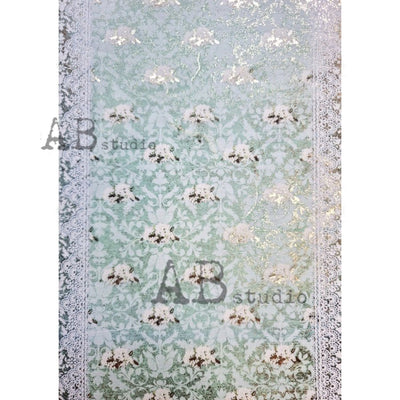 White Flowers with Laced Side Borders Gilded Decoupage Rice Paper A4 Item No. 0035 by AB Studio
