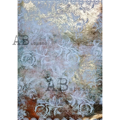 White Outlined Roses Gilded Decoupage Rice Paper A4 Item No. 0074 by AB Studio