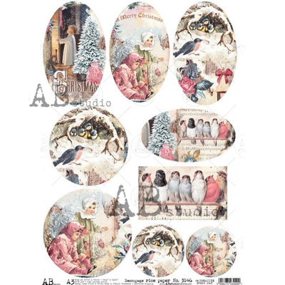 Winter Birds and Children Medallions Decoupage Rice Paper A3 Item No. 3146 by AB Studio