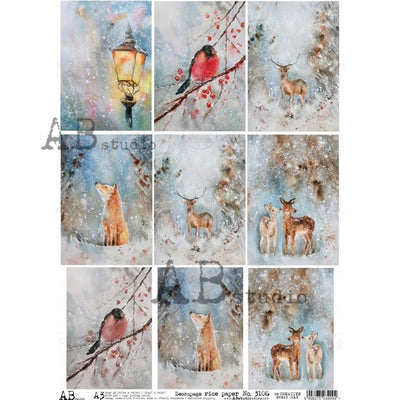 Winter Deer Foxes and Birds Decoupage Rice Paper A3 Item No. 3106 by AB Studio