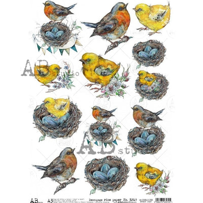 Yellow Birds and Blue Egg Medallions Decoupage Rice Paper A3 Item No. 3269 by AB Studio