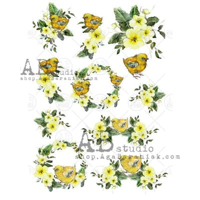 Yellow Birds with Yellow Flowers Decoupage Rice Paper A4 Item No. 0557 by AB Studio