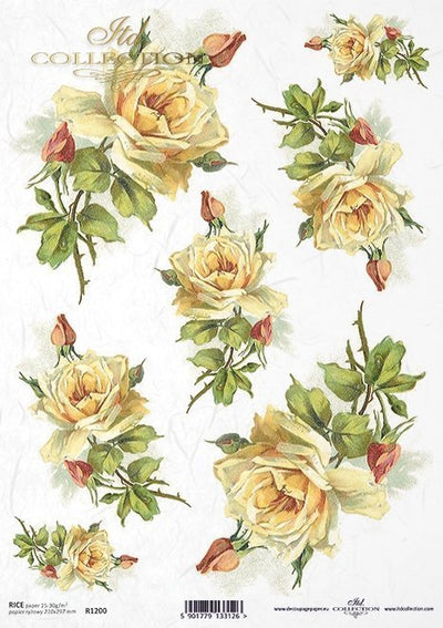 Yellow Roses Decoupage Rice Paper A4 Item R1200 by ITD Collection