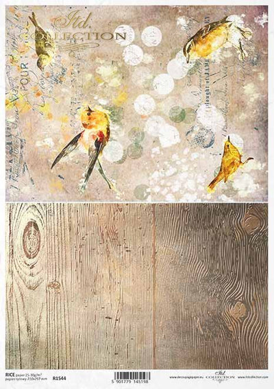 Yellows Birds with Script and Wood Grain Cards Decoupage Rice Paper A4 Item R1544 by ITD Collection