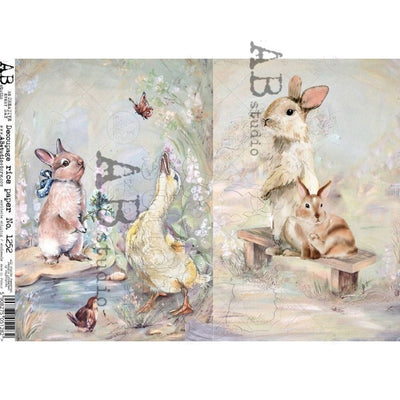 Young Rabbits and a Duckling Cards Decoupage Rice Paper A4 Item No. 1252 by AB Studio